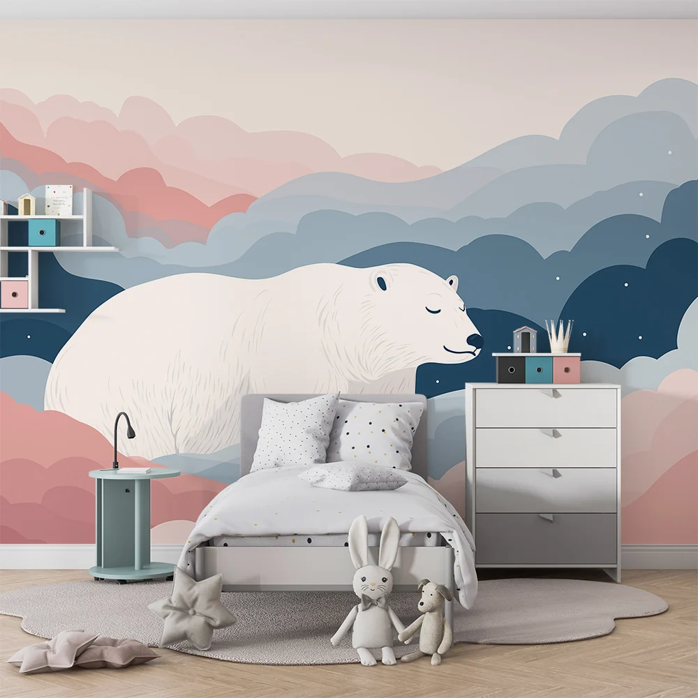 Papel de parede quarto bebê | Miran polarni medvjed u mirnom pastelnom oblačnom nebu