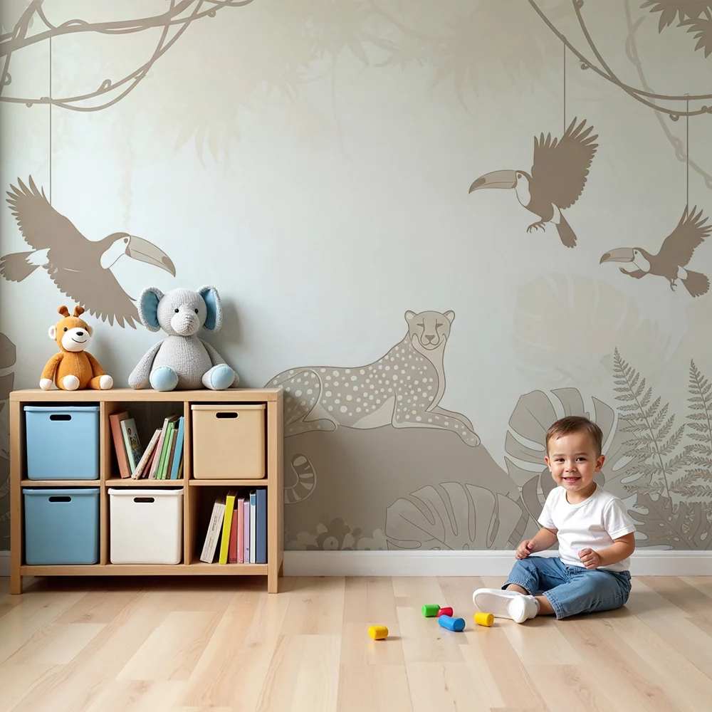 Papel de parede quarto bebê | Mirna leoparda i tukani u nježnoj džungli