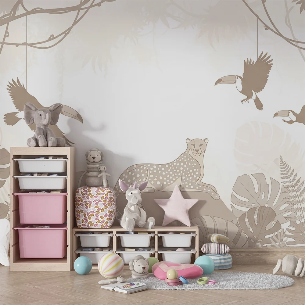 Papel de parede quarto bebê | Mirna leoparda i tukani u nježnoj džungli