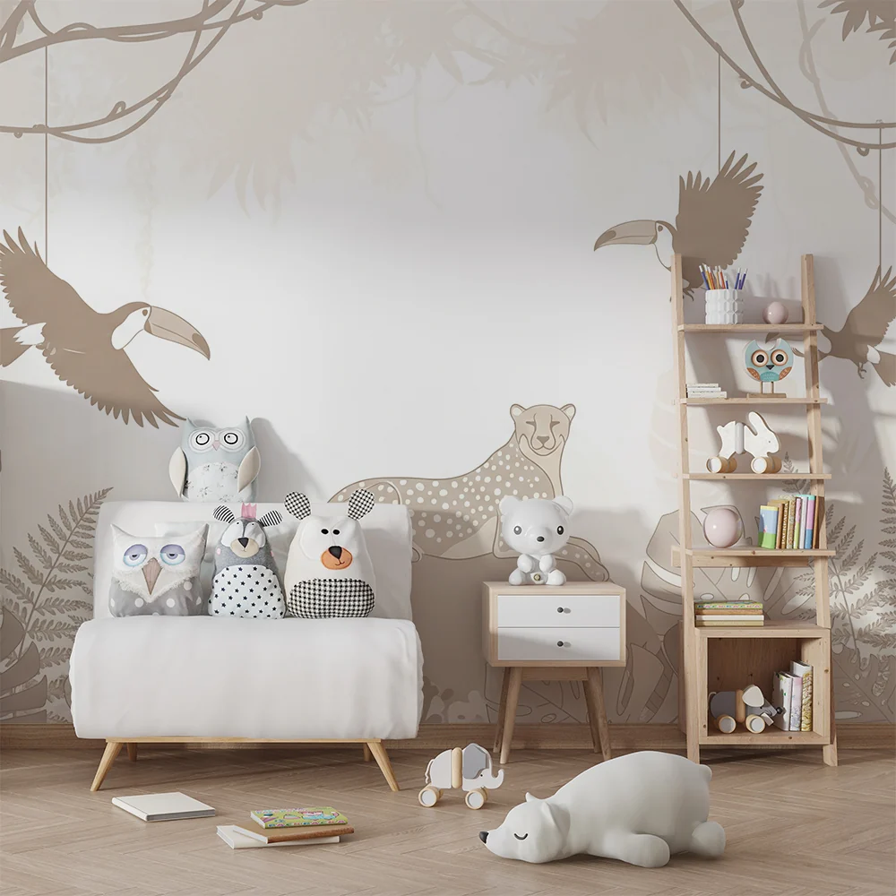 Papel de parede quarto bebê | Mirna leoparda i tukani u nježnoj džungli
