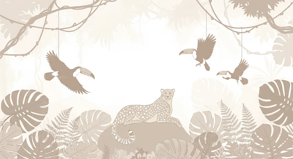 Papel de parede quarto bebê | Mirna leoparda i tukani u nježnoj džungli