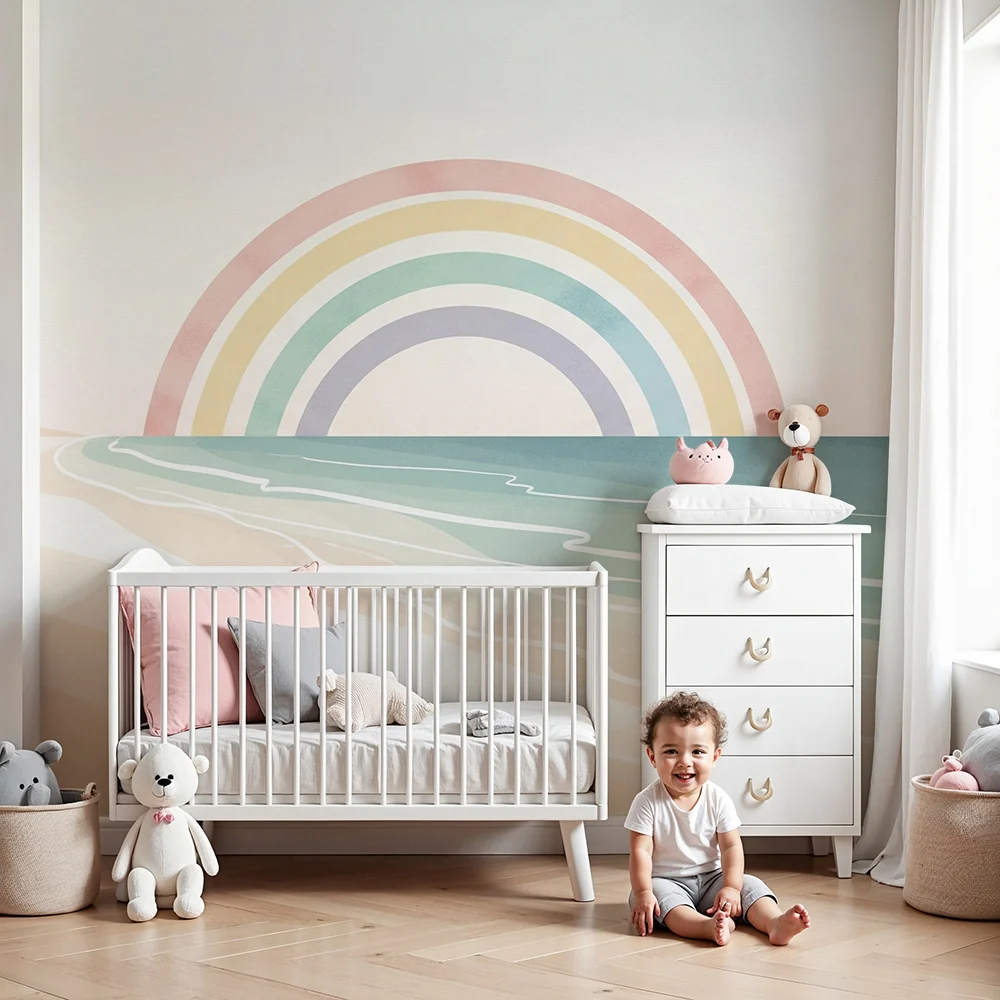Papel de parede quarto bebê | Mirno plaž s pastelnim duginim