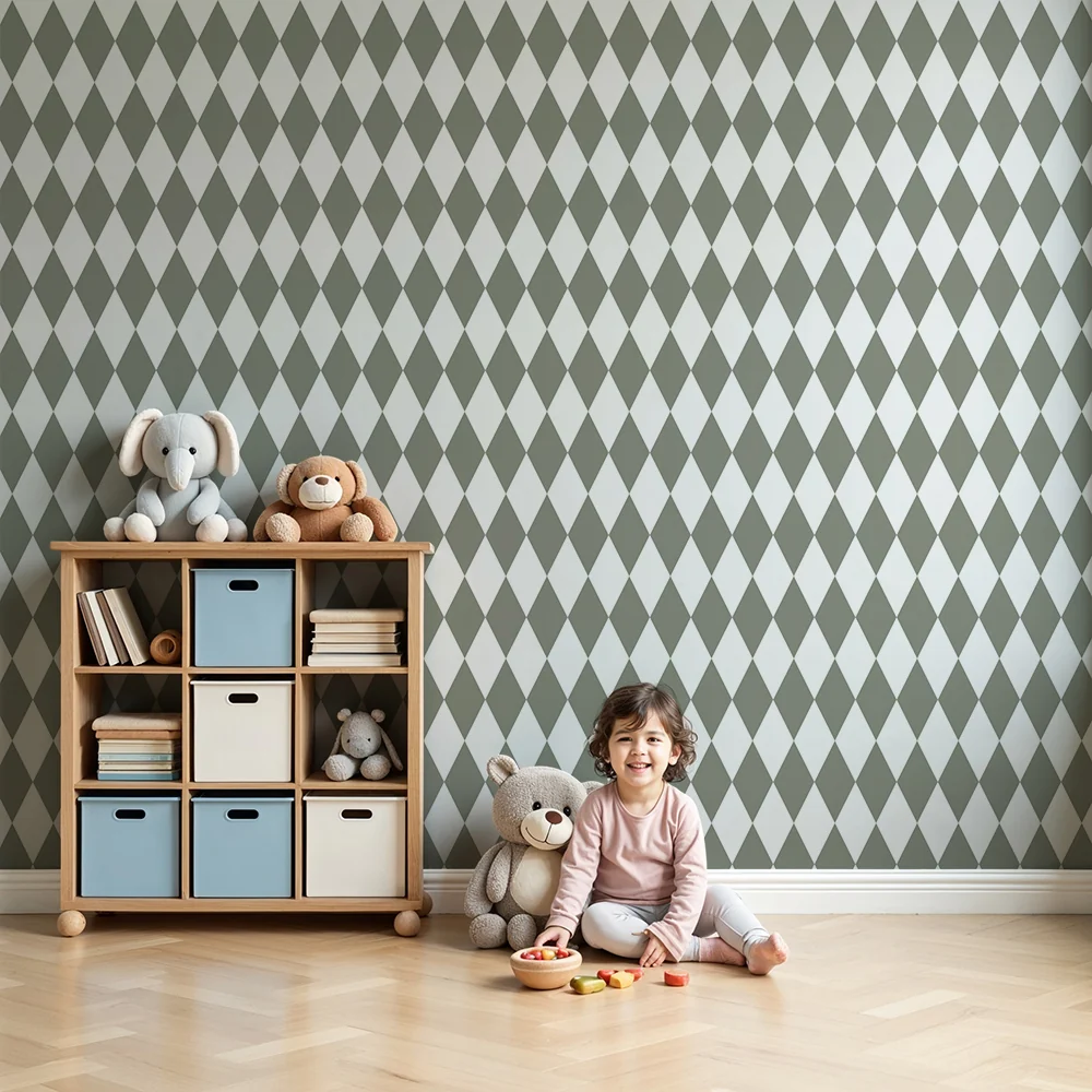 Papel de parede quarto bebê | Moderni romboidni uzorak u zelenoj i bijeloj boji