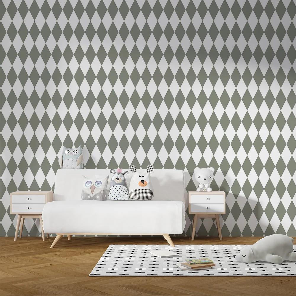 Papel de parede quarto bebê | Moderni romboidni uzorak u zelenoj i bijeloj boji