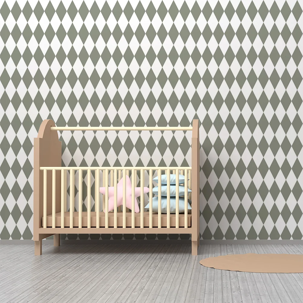 Papel de parede quarto bebê | Moderni romboidni uzorak u zelenoj i bijeloj boji
