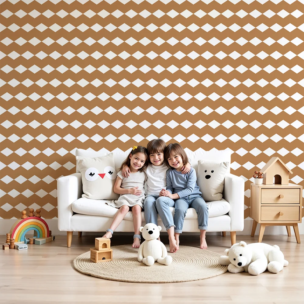 Papel de parede quarto bebê | Motivo de losangos em terracota claro e branco
