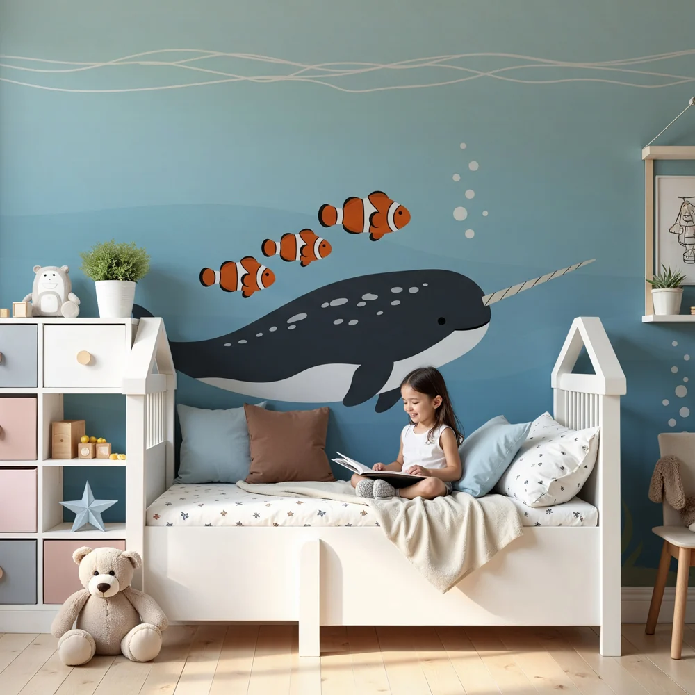 Papel de parede quarto bebê | Narval e peixes-palhaços submarinos