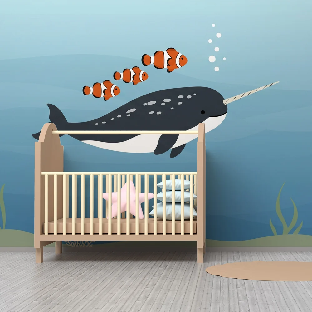 Papel de parede quarto bebê | Narval e peixes-palhaços submarinos