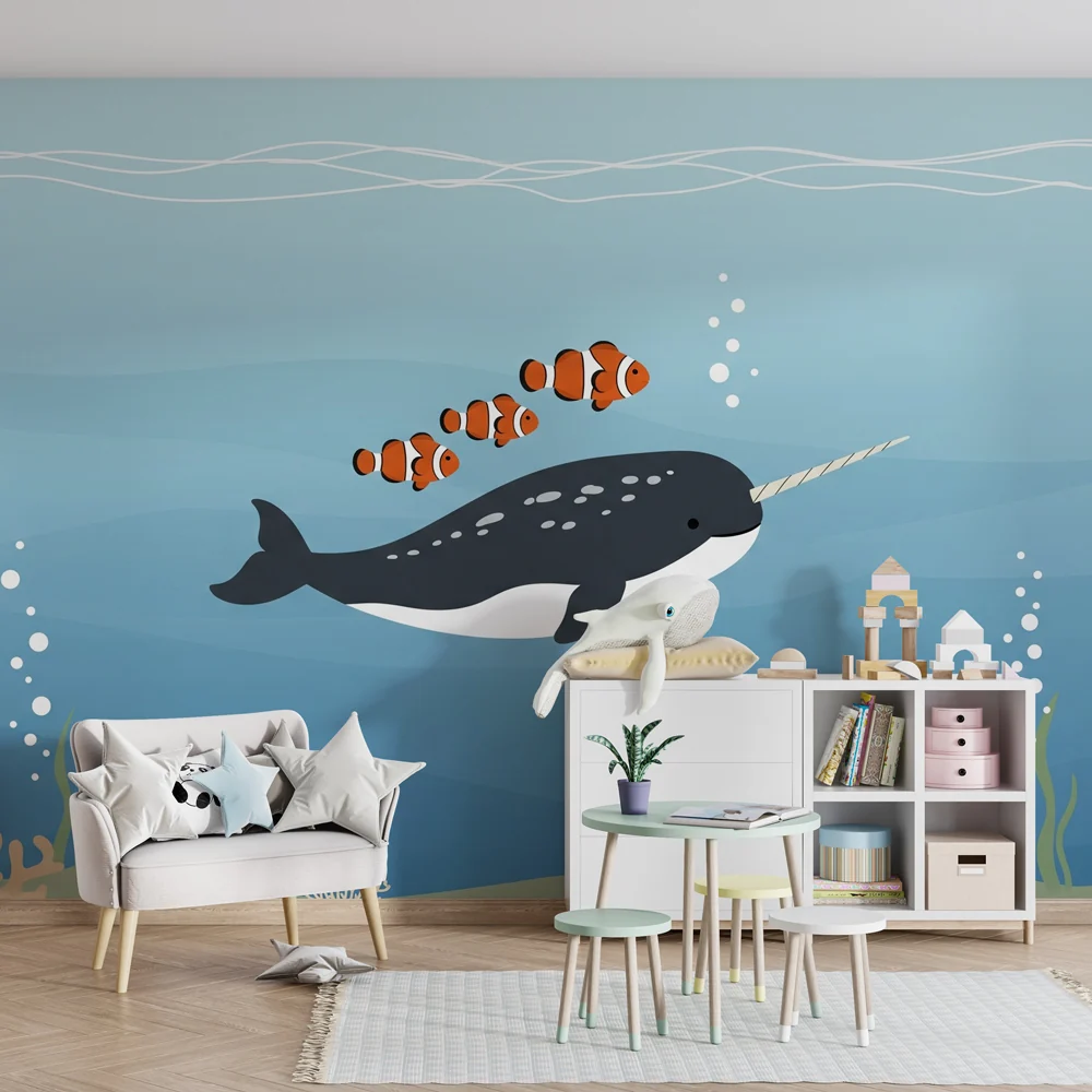 Papel de parede quarto bebê | Narval e peixes-palhaços submarinos