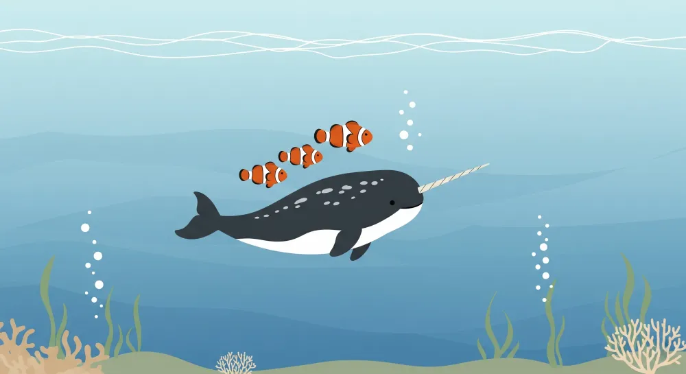 Papel de parede quarto bebê | Narval e peixes-palhaços submarinos