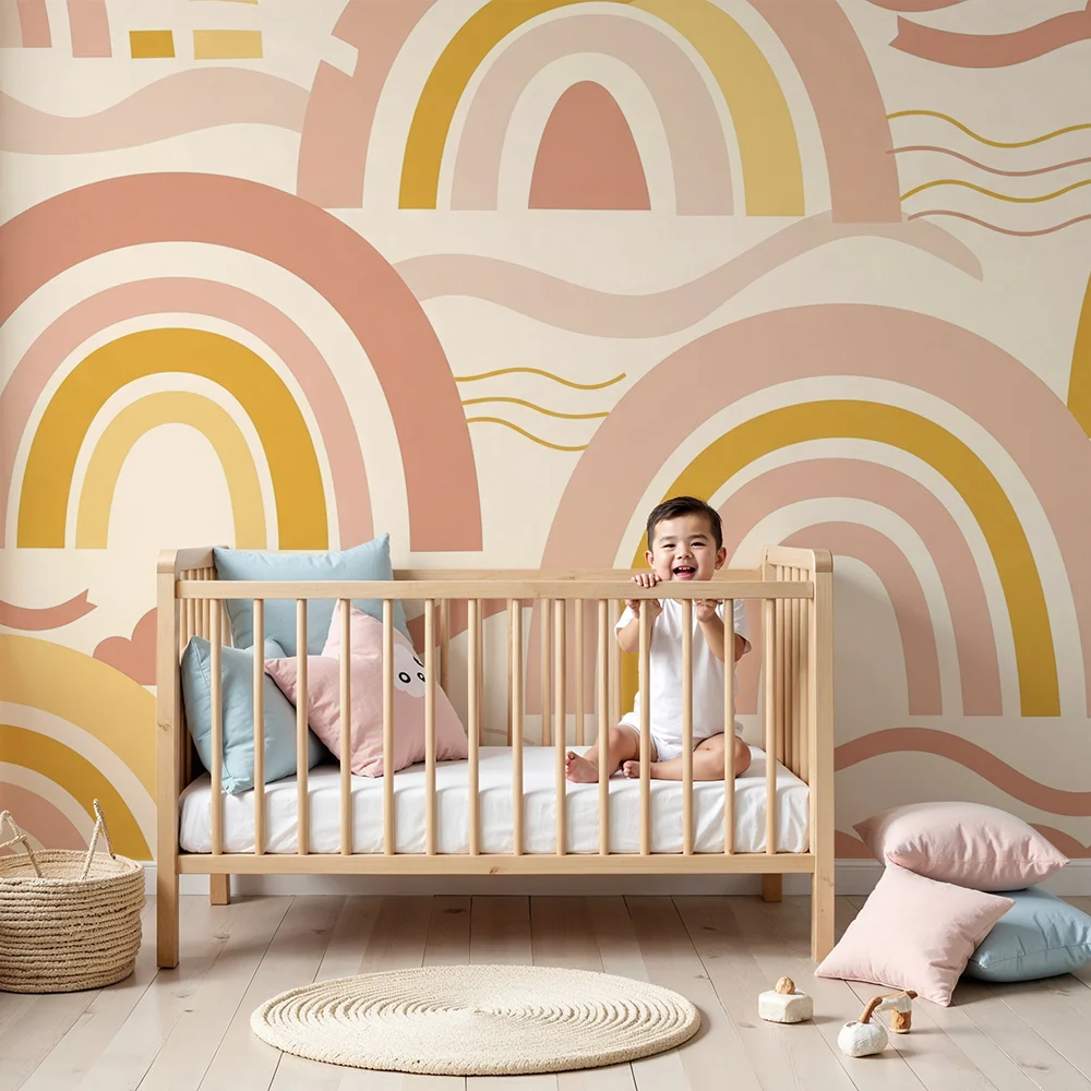 Papel de parede quarto bebê | Njež dugini luk i pastelni oblaci