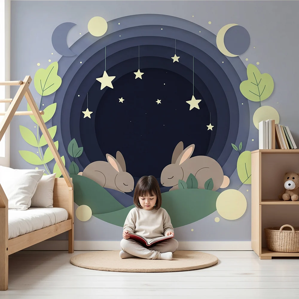 Papel de parede quarto bebê | Nježne noći s kunićima ispod zvijezda