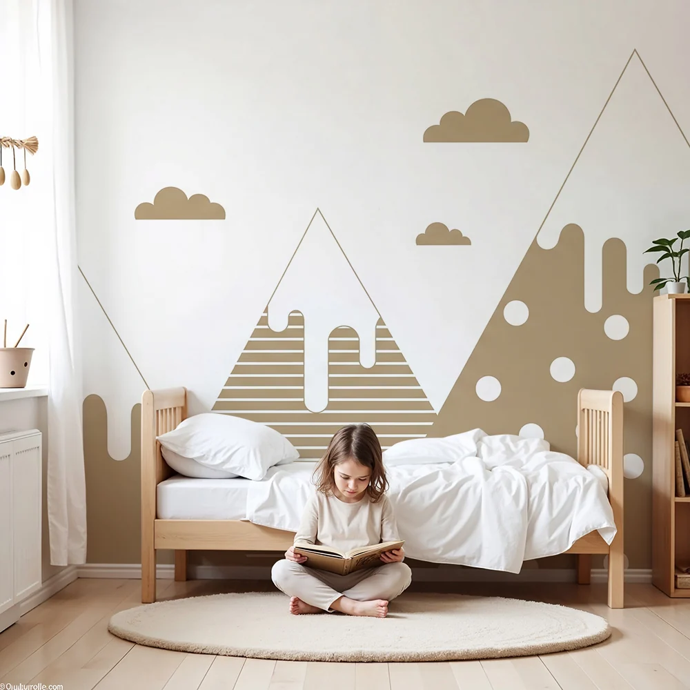 Papel de parede quarto bebê | Nježne planine s igračkim uzorcima i oblaci