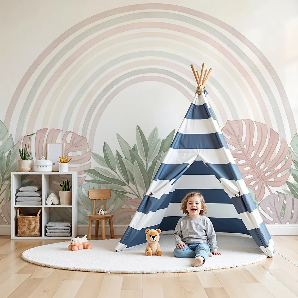 Papel de parede quarto bebê | Nježni dugini i pastelno tropsko lišće