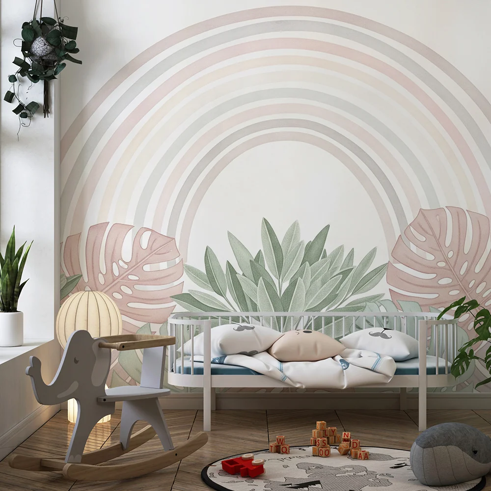 Papel de parede quarto bebê | Nježni dugini i pastelno tropsko lišće