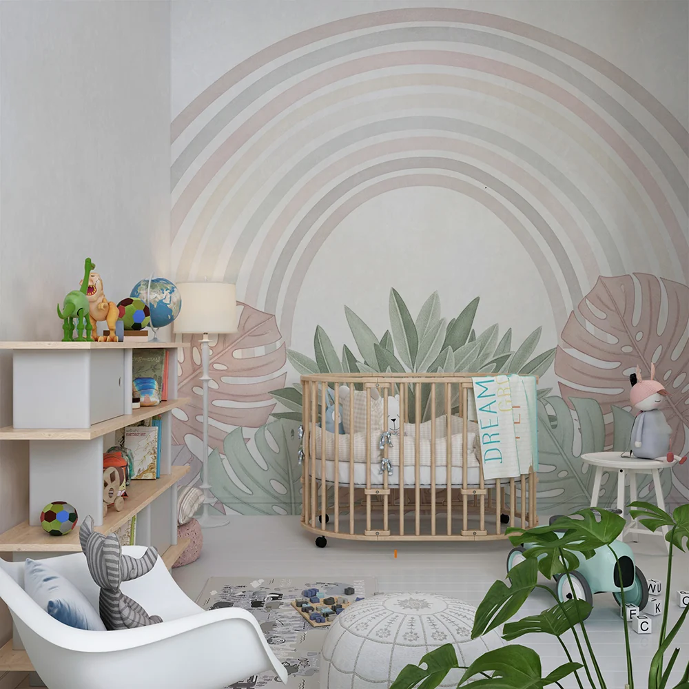 Papel de parede quarto bebê | Nježni dugini i pastelno tropsko lišće