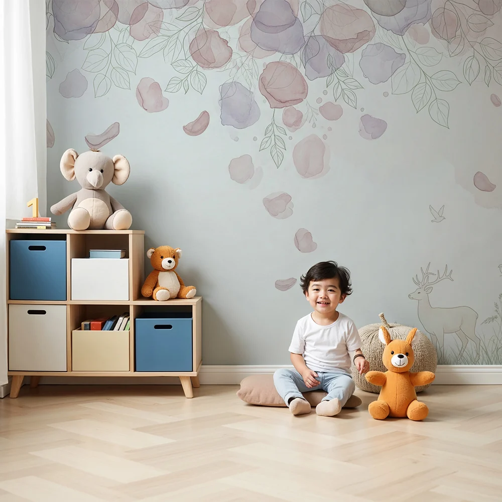 Papel de parede quarto bebê | Nježni jeleni ispod cvjetnog nežnog neba