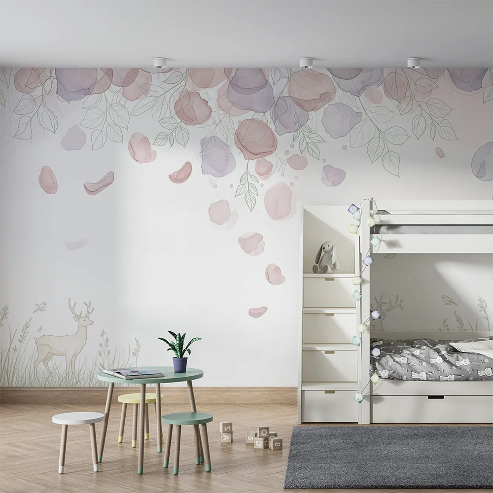 Papel de parede quarto bebê | Nježni jeleni ispod cvjetnog nežnog neba
