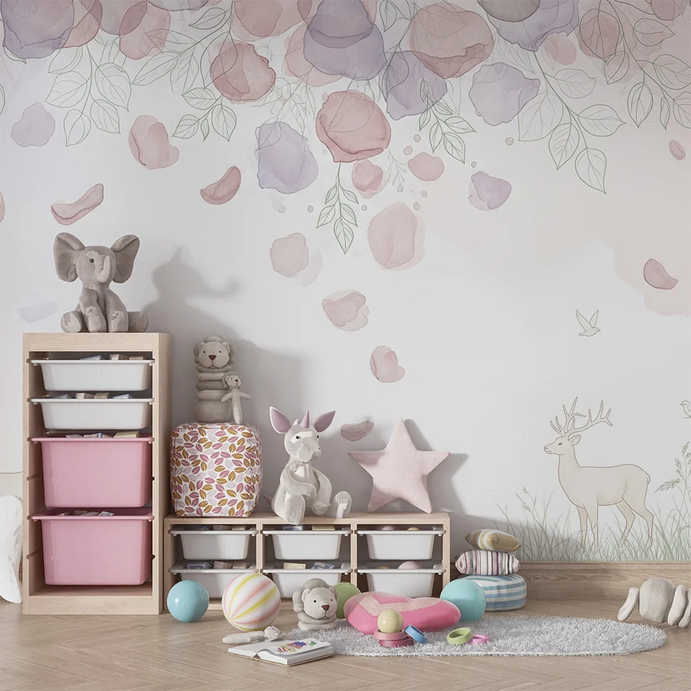 Papel de parede quarto bebê | Nježni jeleni ispod cvjetnog nežnog neba