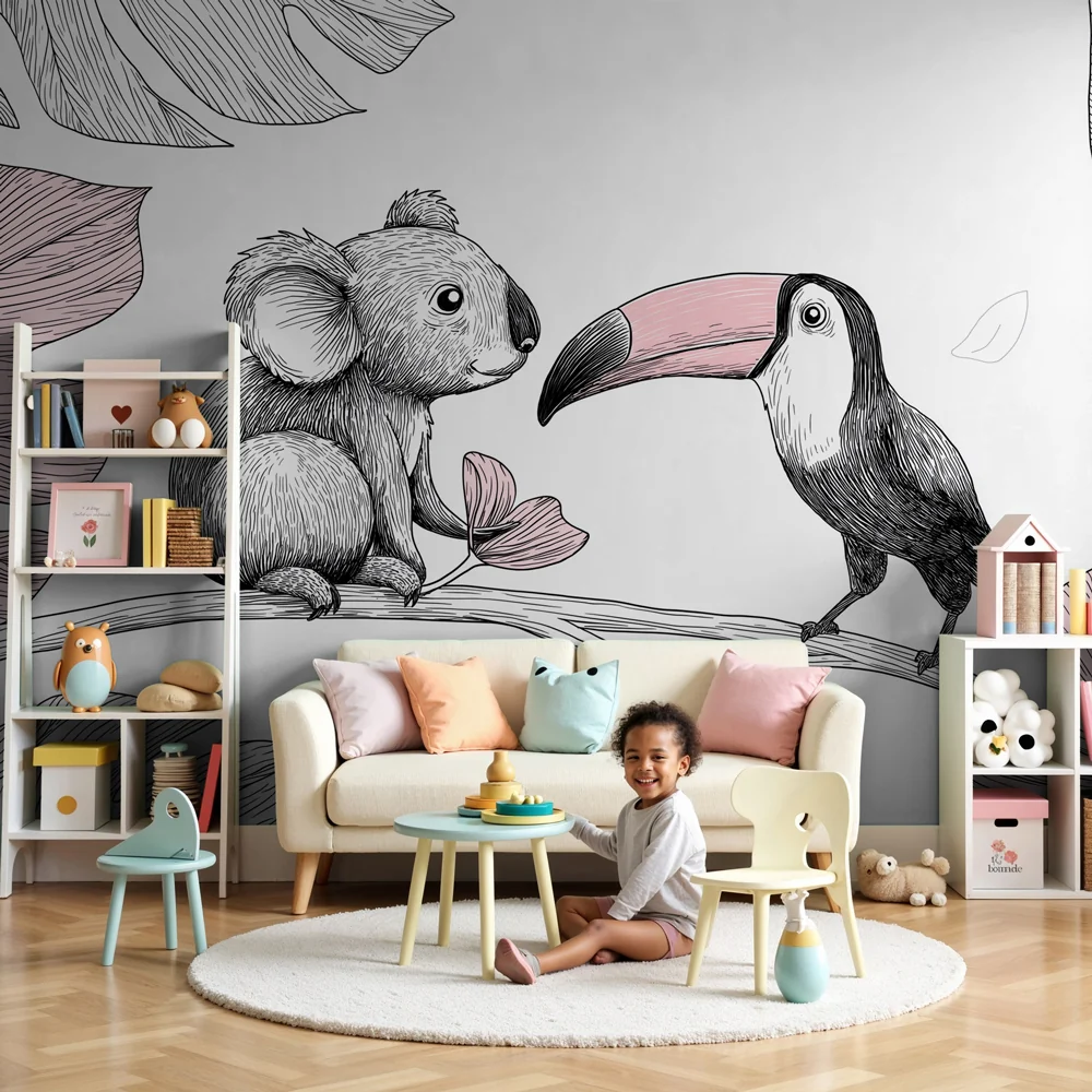 Papel de parede quarto bebê | Nježni koala i tukan na grani