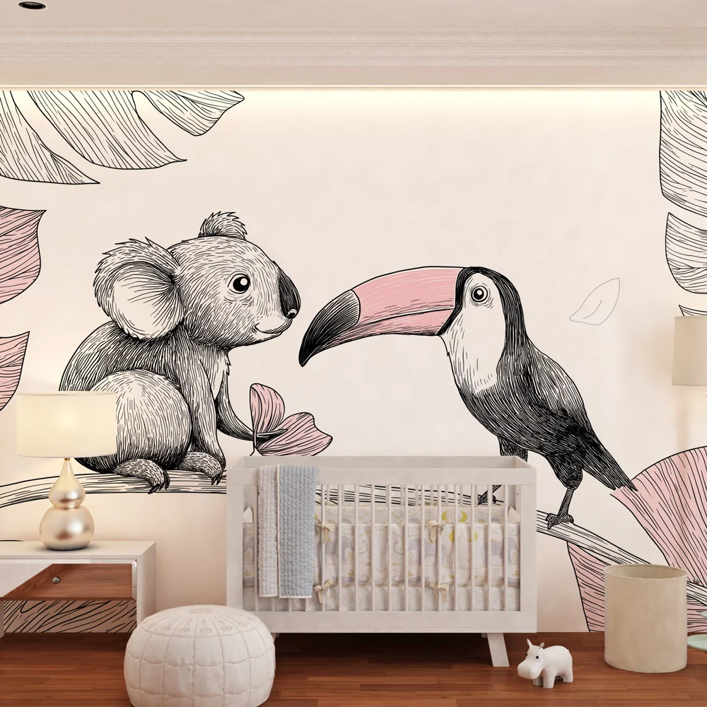 Papel de parede quarto bebê | Nježni koala i tukan na grani