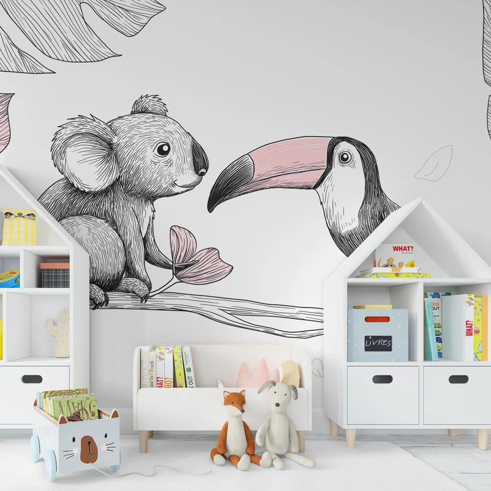 Papel de parede quarto bebê | Nježni koala i tukan na grani