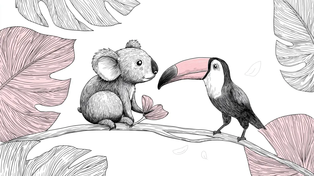 Papel de parede quarto bebê | Nježni koala i tukan na grani