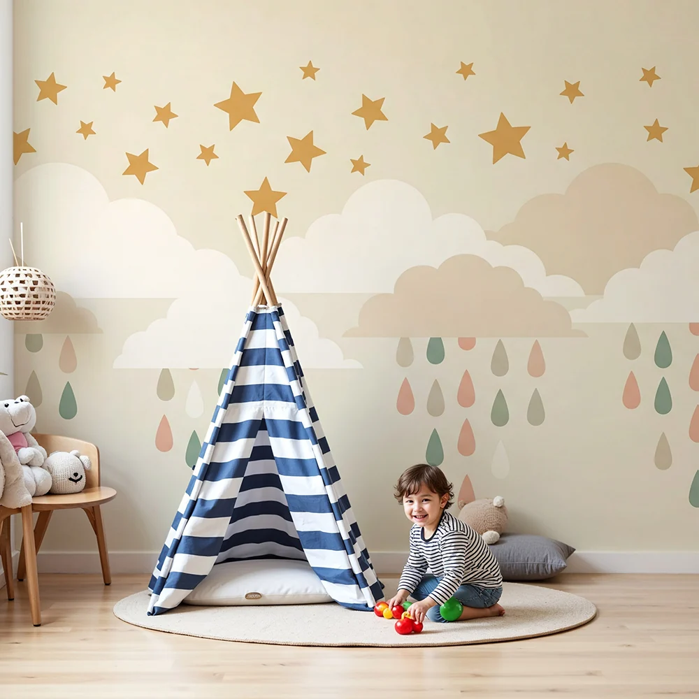 Papel de parede quarto bebê | Nježni oblaci i sjajne zvijezde