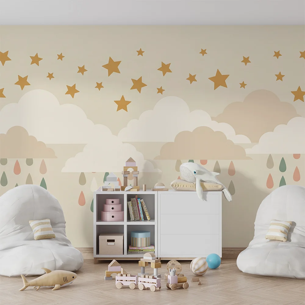 Papel de parede quarto bebê | Nježni oblaci i sjajne zvijezde
