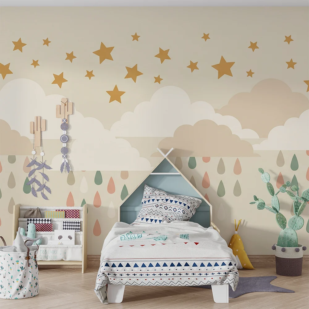 Papel de parede quarto bebê | Nježni oblaci i sjajne zvijezde