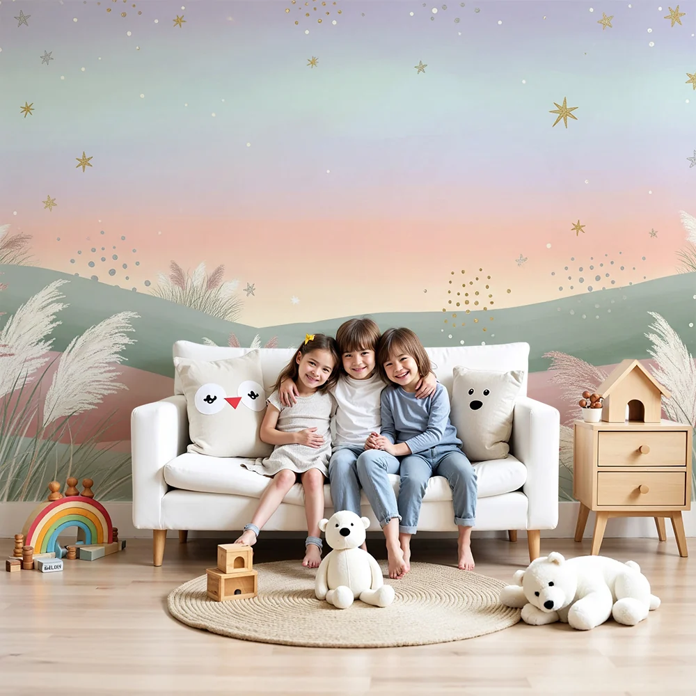 Papel de parede quarto bebê | Nježni pastelni brežuljci s sjajnim zvijezdama