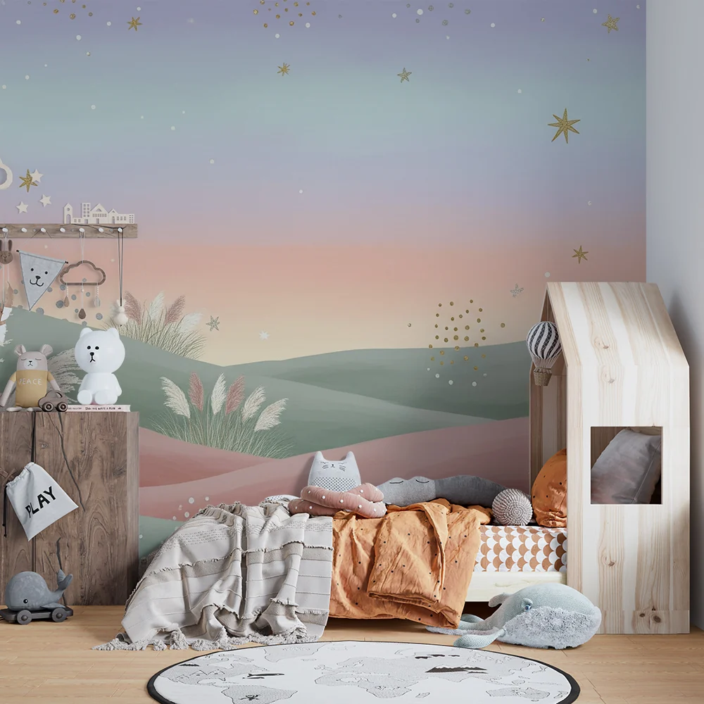 Papel de parede quarto bebê | Nježni pastelni brežuljci s sjajnim zvijezdama