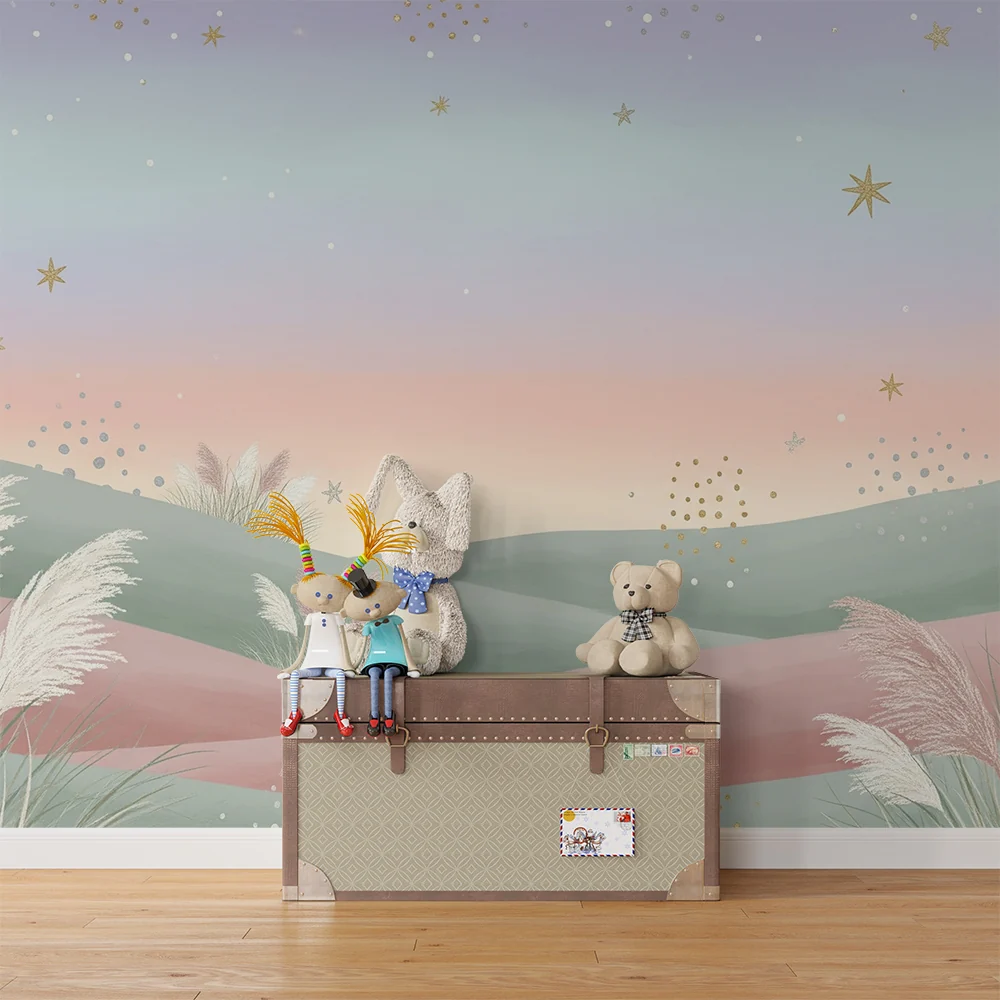 Papel de parede quarto bebê | Nježni pastelni brežuljci s sjajnim zvijezdama