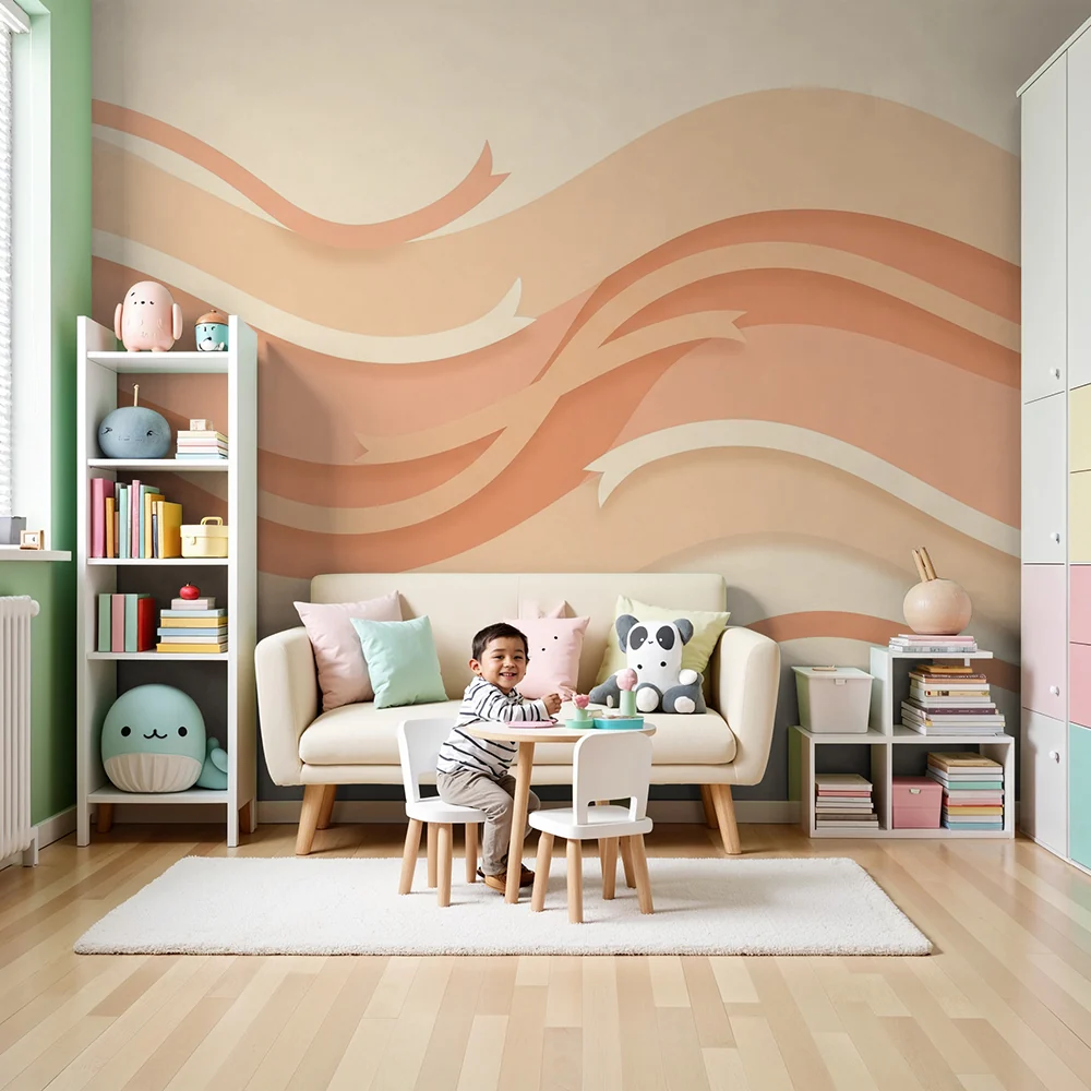 Papel de parede quarto bebê | Nježni valovi u breskva i krem tonovima