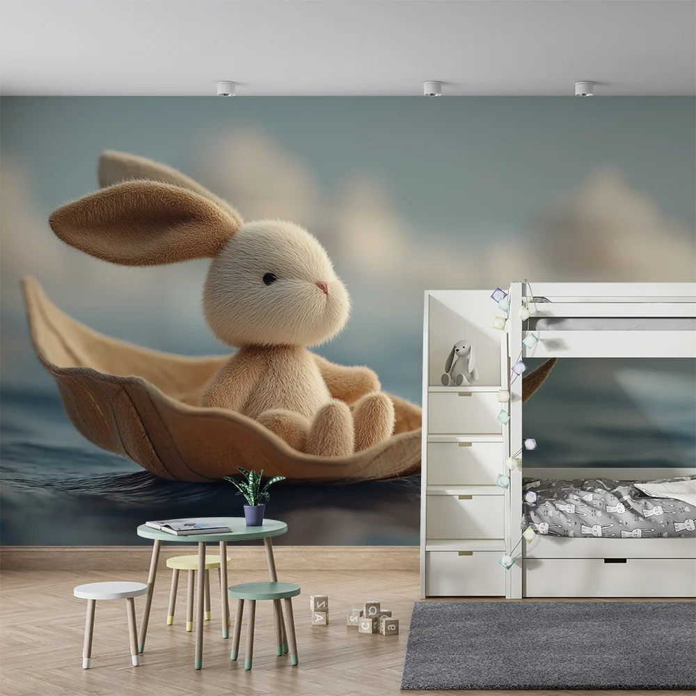 Papel de parede quarto bebê | Nježni zec u čamcu na mirnom moru