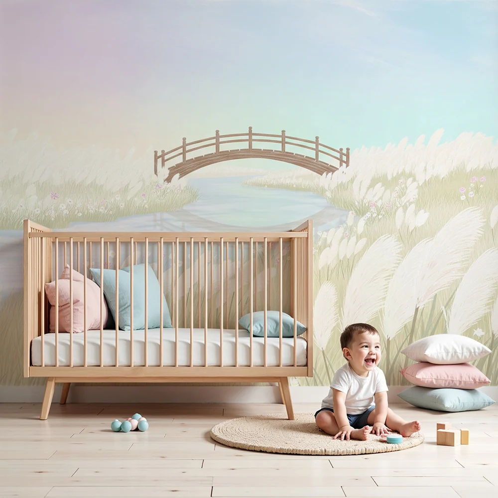 Papel de parede quarto bebê | Nježnost mirnog krajolika s drvenim mostom