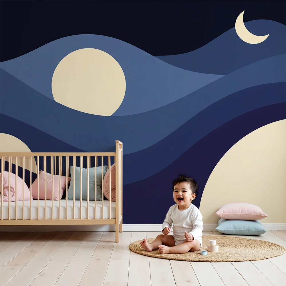 Papel de parede quarto bebê | Noćni valovi s mjesecom i zvijezdama