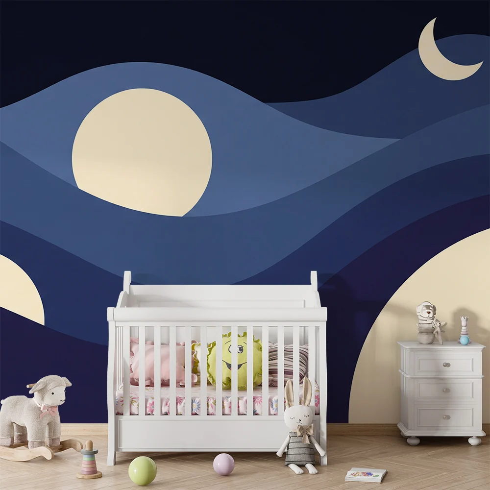 Papel de parede quarto bebê | Noćni valovi s mjesecom i zvijezdama