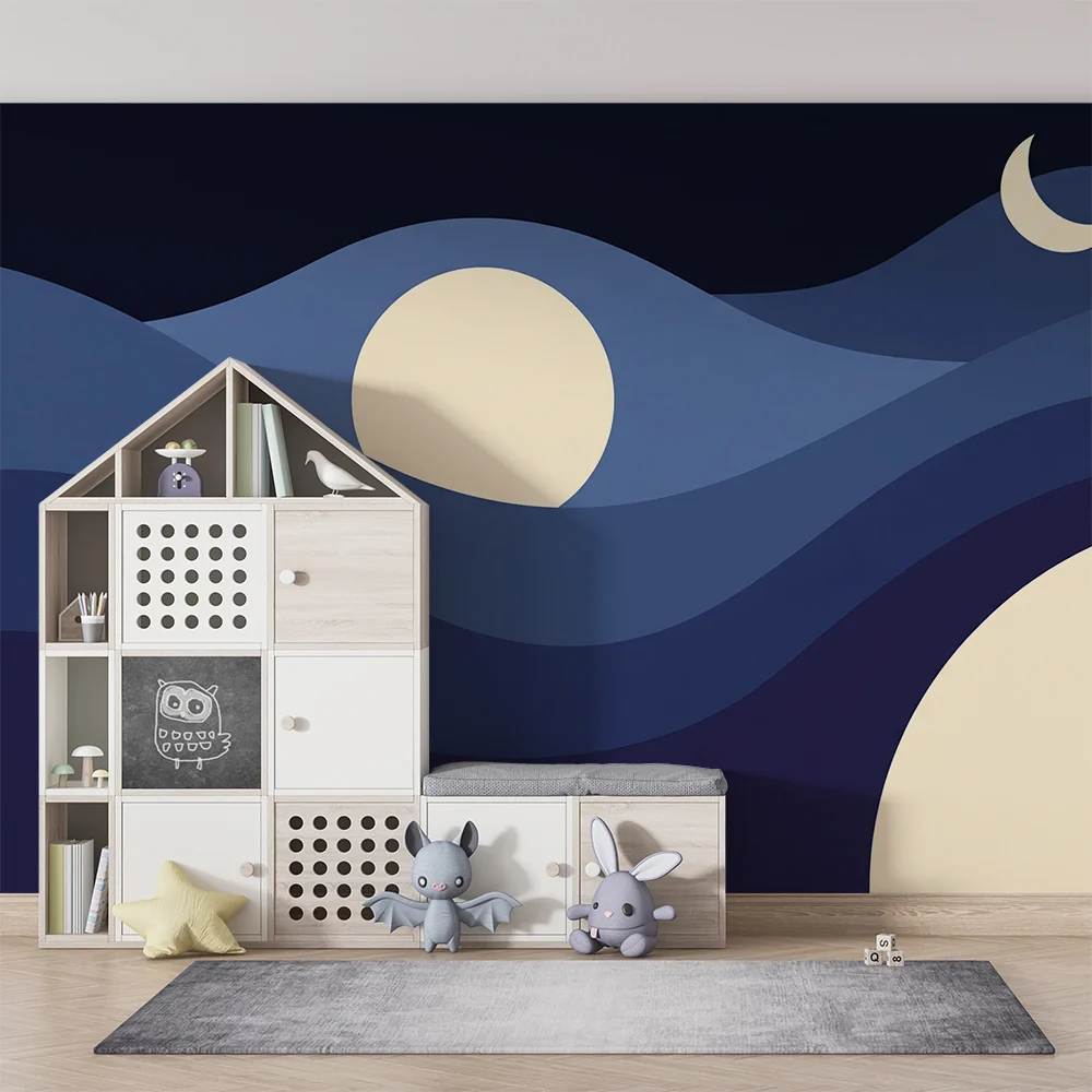 Papel de parede quarto bebê | Noćni valovi s mjesecom i zvijezdama