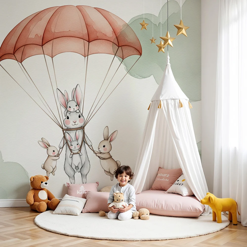 Papel de parede quarto bebê | Padobranci zečevi u oblacima