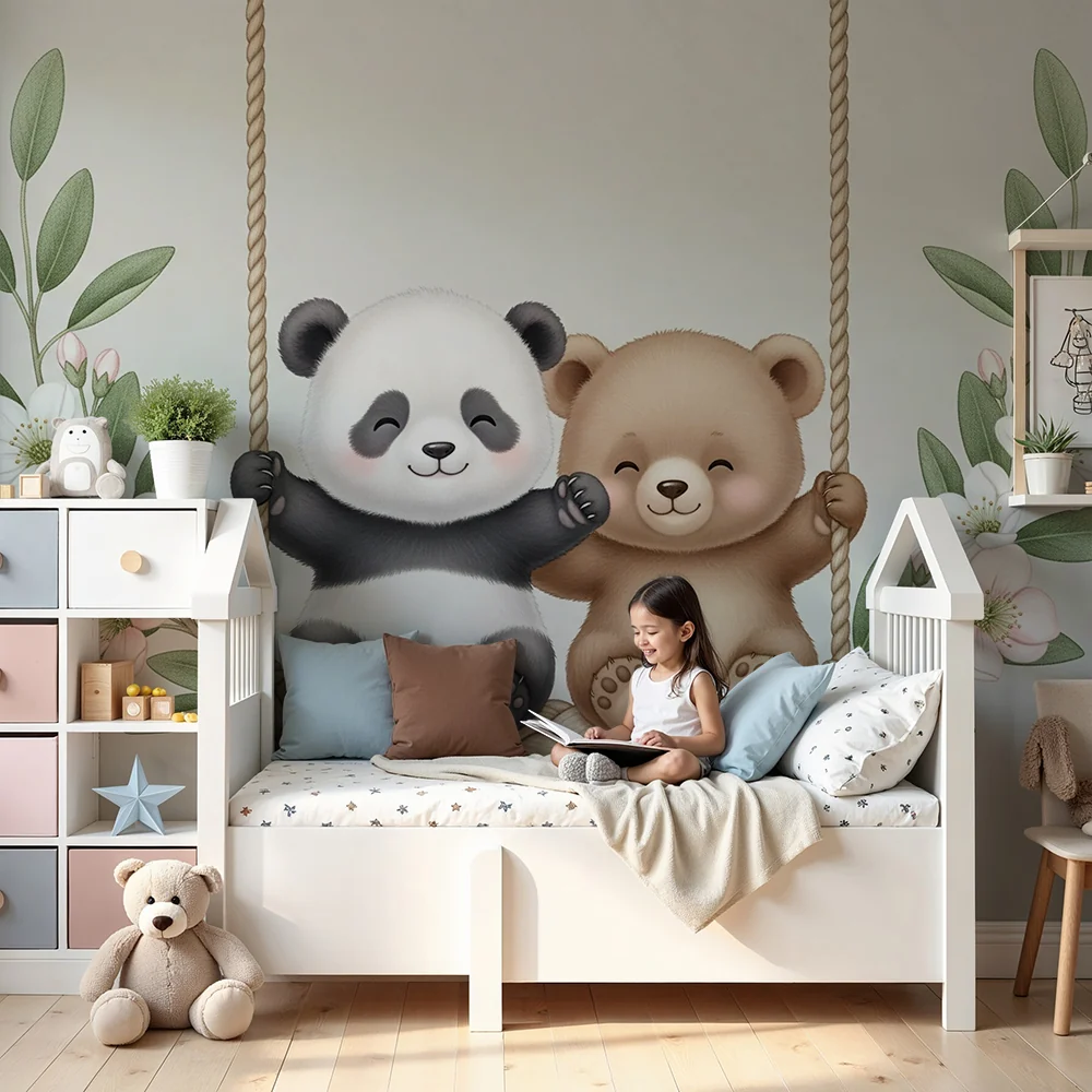 Papel de parede quarto bebê | Pandas i medvjedići na ljuljački