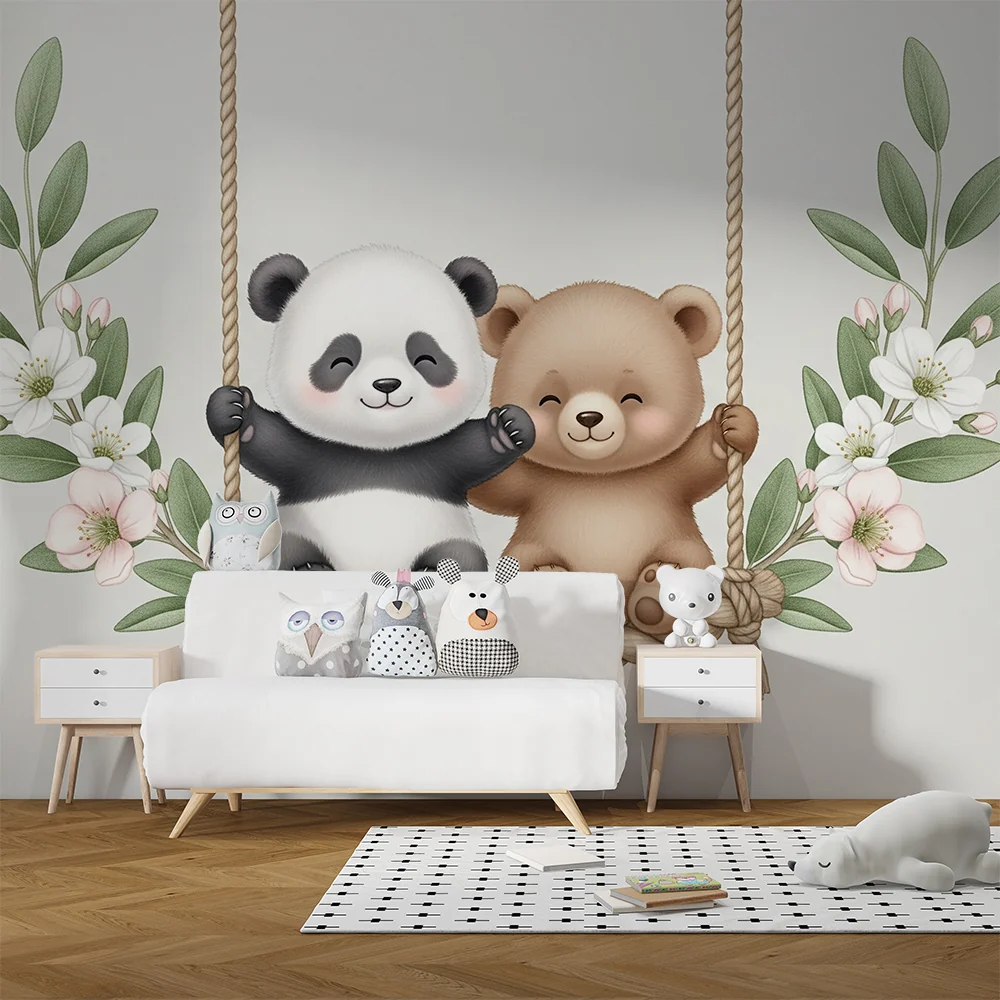 Papel de parede quarto bebê | Pandas i medvjedići na ljuljački