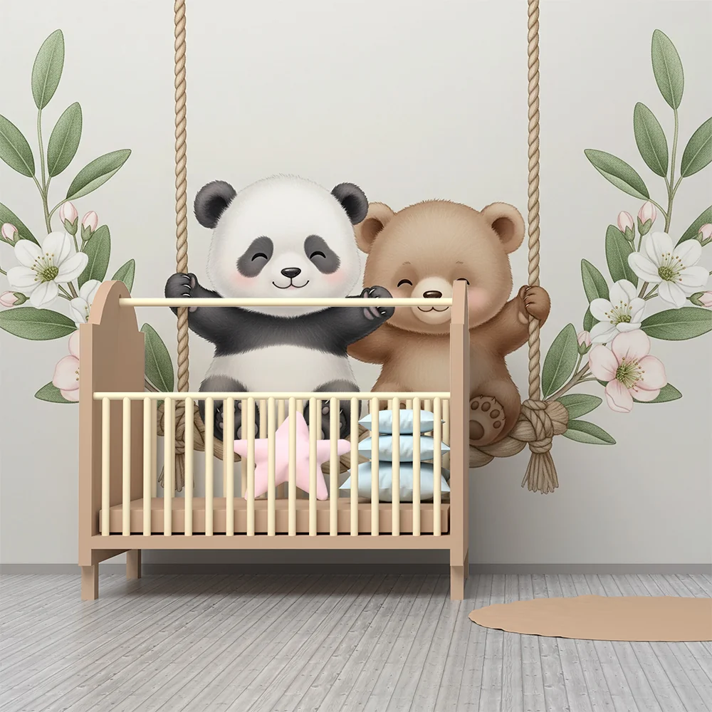 Papel de parede quarto bebê | Pandas i medvjedići na ljuljački