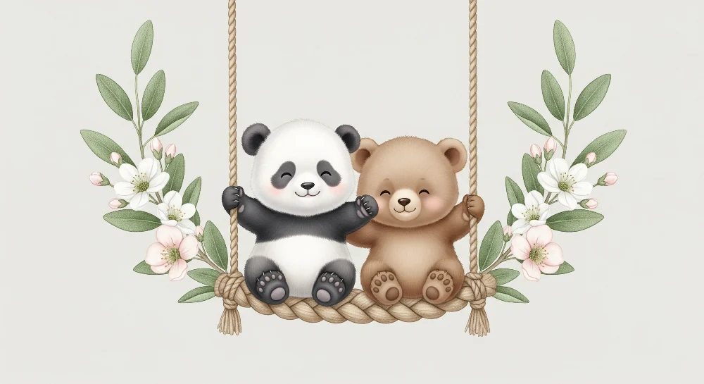 Papel de parede quarto bebê | Pandas i medvjedići na ljuljački