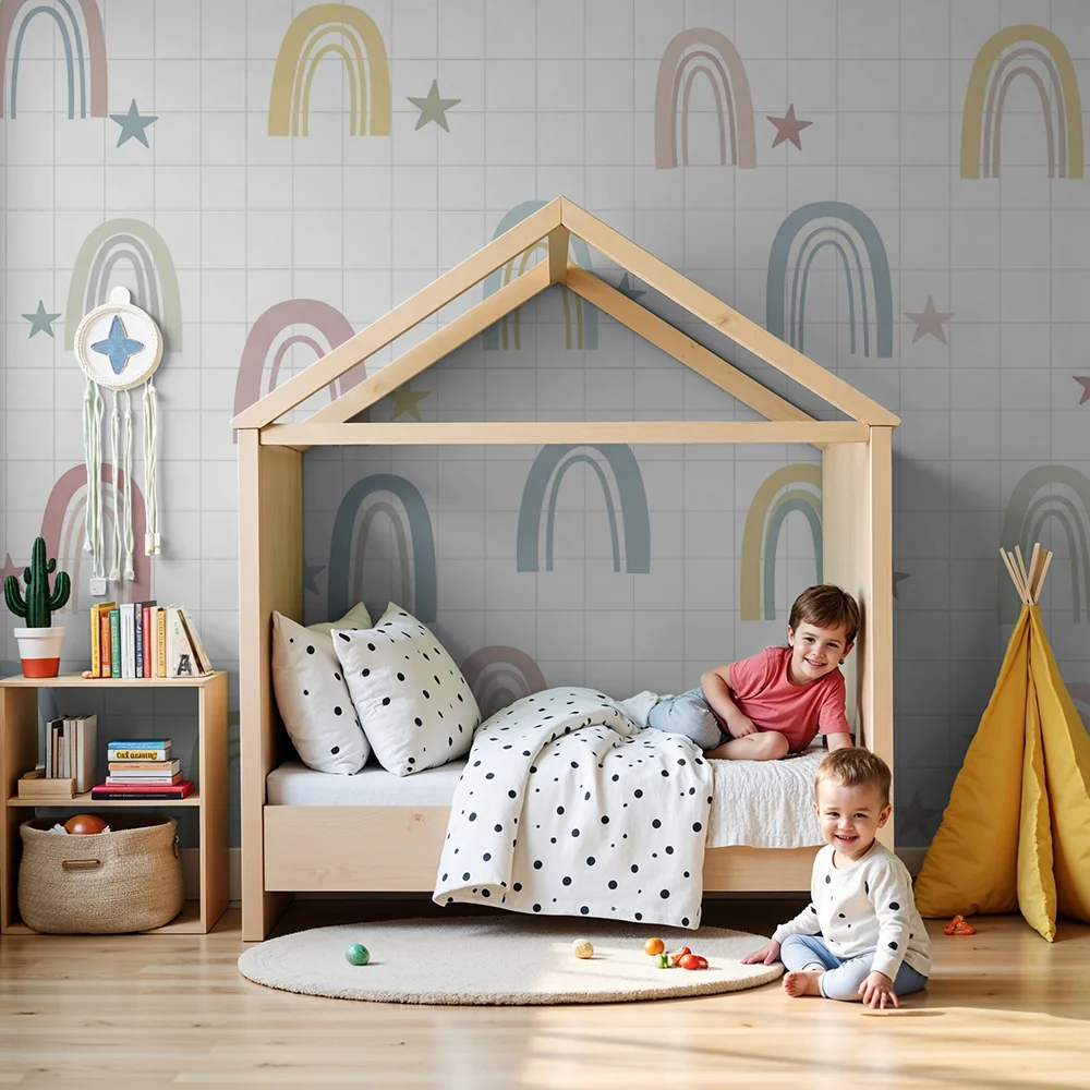 Papel de parede quarto bebê | Pastel duga i zvijezde na kariranom pozadini