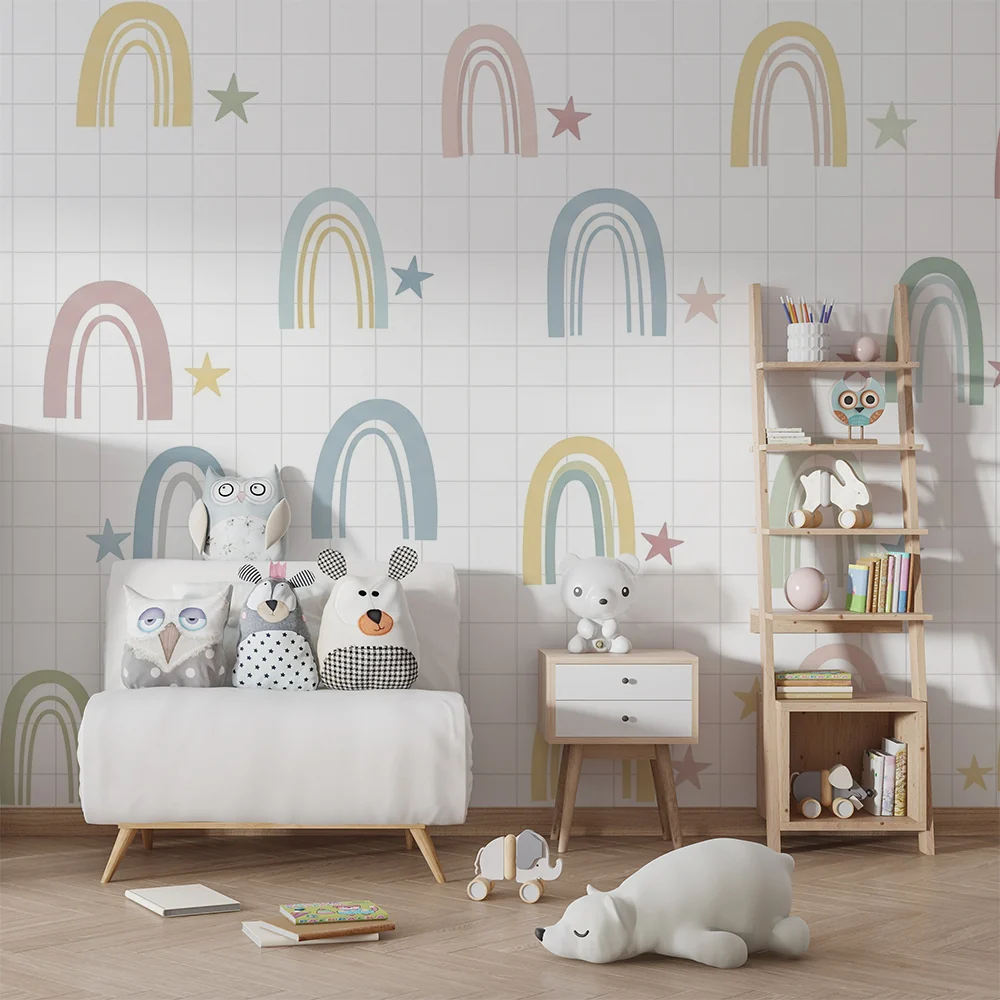Papel de parede quarto bebê | Pastel duga i zvijezde na kariranom pozadini
