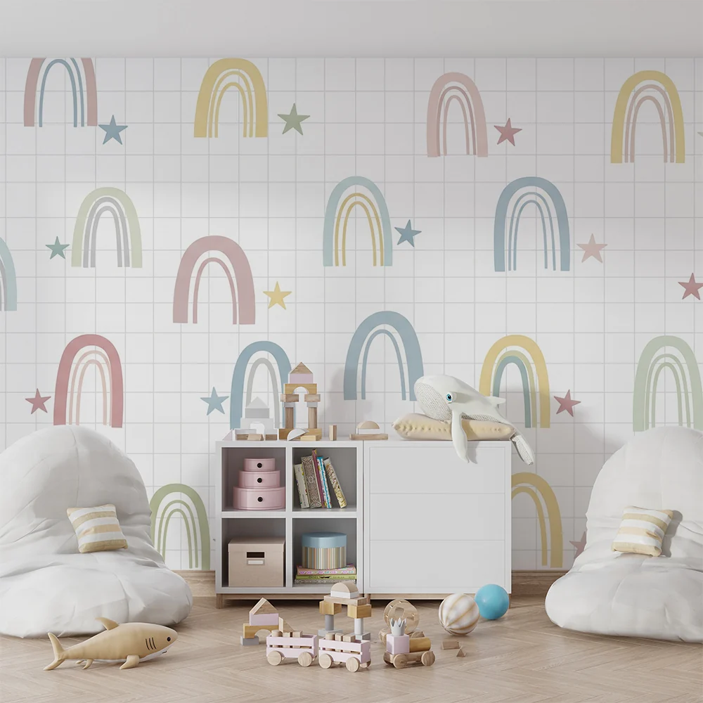 Papel de parede quarto bebê | Pastel duga i zvijezde na kariranom pozadini