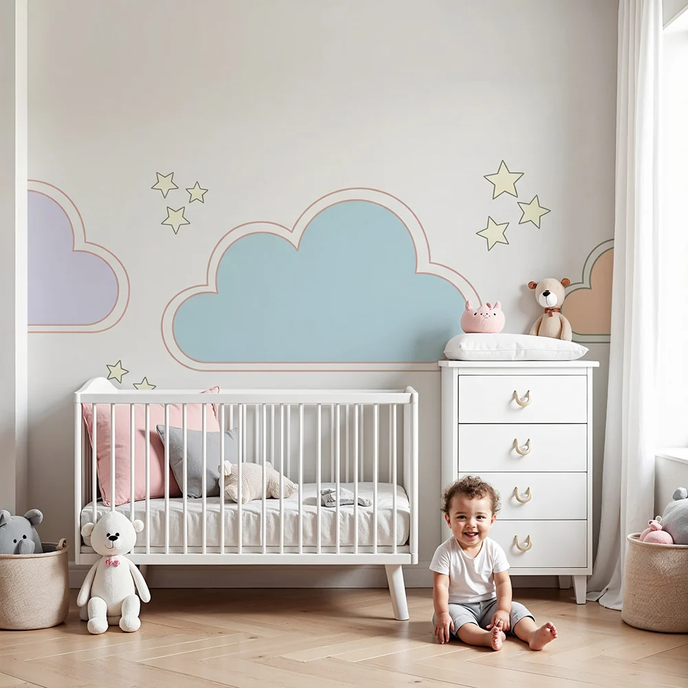 Papel de parede quarto bebê | Pastelni oblaci i sjajne zvijezde