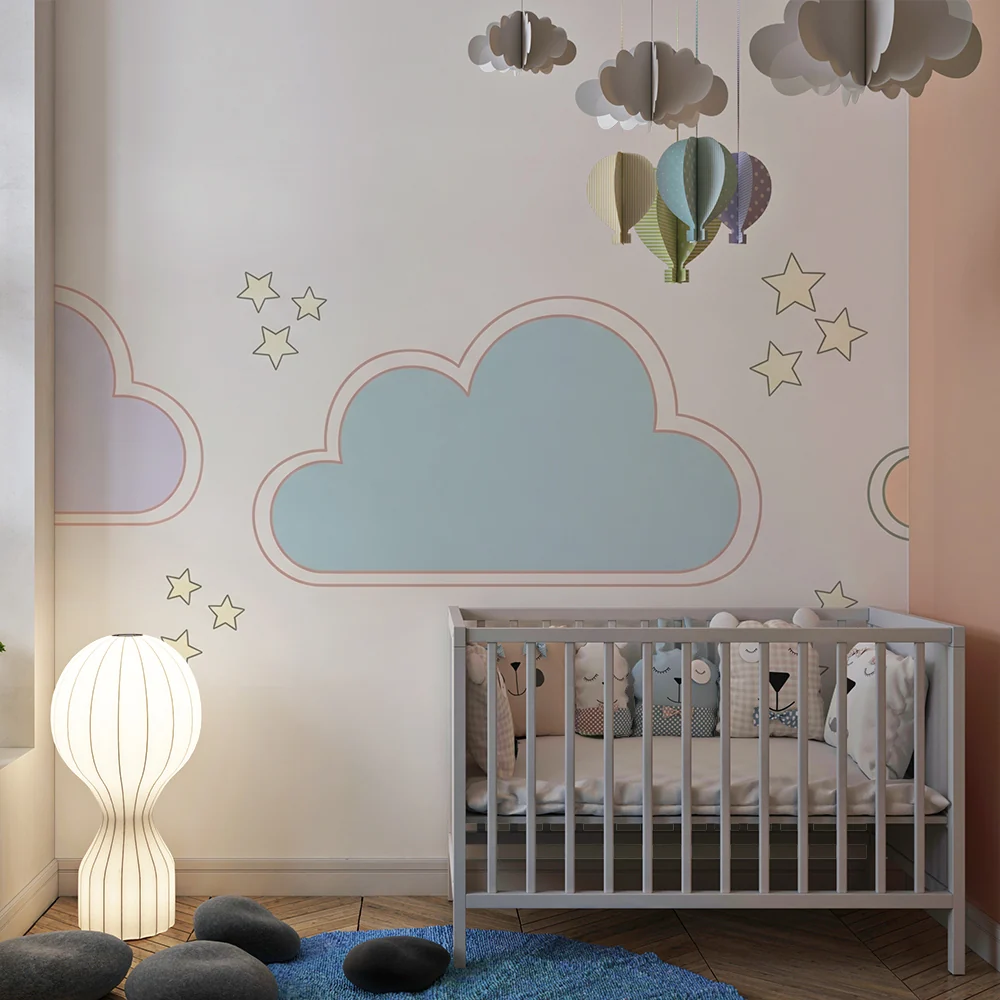 Papel de parede quarto bebê | Pastelni oblaci i sjajne zvijezde