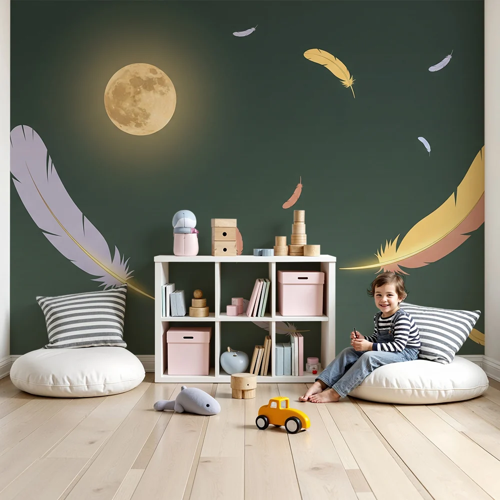 Papel de parede quarto bebê | Perje plutaju ispod mjeseca s tamnozelenom pozadinom